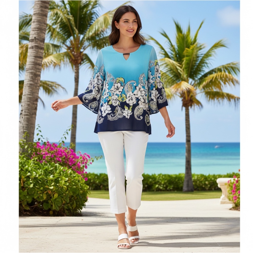 JM Collection Floral Top Sheer Flared Sleeves Size Petite Medium